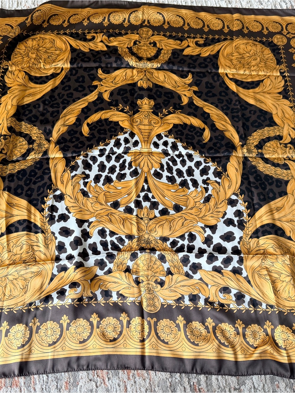 Baroque Print Square Scarf in Black and Gold 36" square